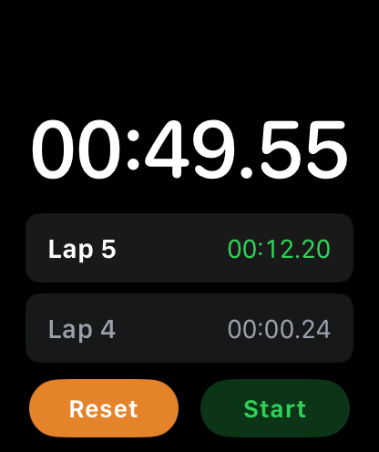 Interfaz de Stopwatch Max en Apple Watch mostrando el tiempo transcurrido y los parciales de vuelta
