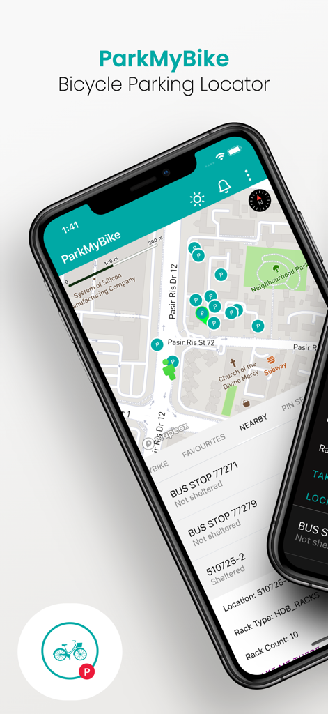 ParkMyBike app interface showing bicycle parking spots on a map with nearby location details