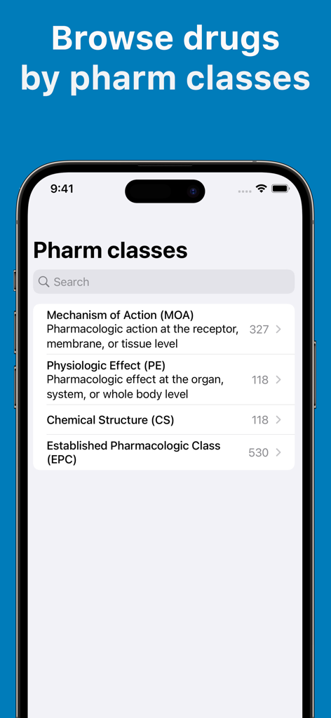 Drug Guide & Medication - Interfaz de la aplicación Guía de Medicamentos que muestra varias clases farmacológicas, incluyendo Mecanismo de Acción y Efecto Fisiológico