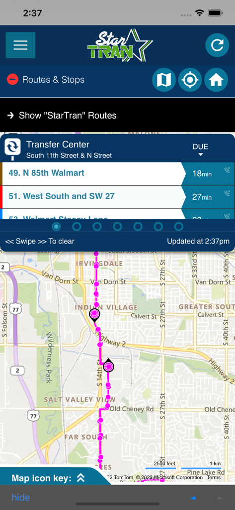RideLNK - RideLNK mobile app interface showing StarTran bus routes and live arrival times on a map of Lincoln Nebraska