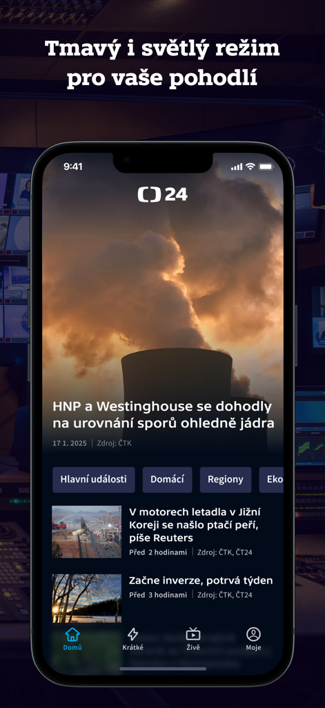 ČT24 - CT24 news app showing dark mode interface with Czech news headlines on an iPhone