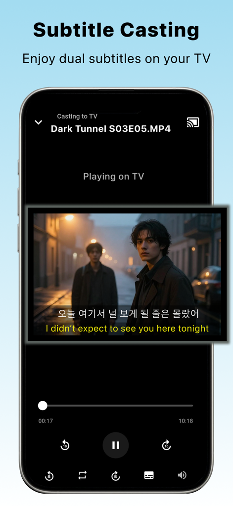 SubX Player – Dual Subtitles - Interface de smartphone montrant la fonction de diffusion de sous-titres pour profiter des sous-titres doubles sur une télévision.