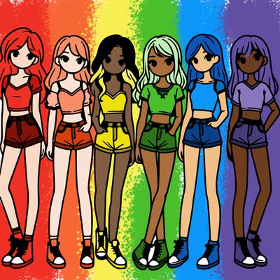 a group of girls wearing crop tops and shorts