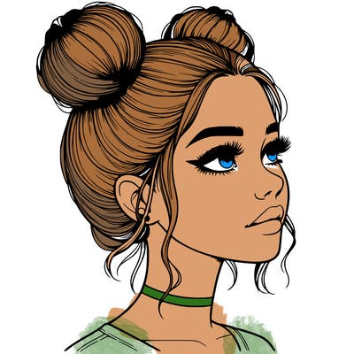 realistic girl with buns on the top of her head