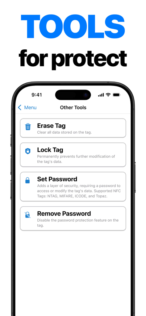 NFC Tools: Tag Reader,Writerㅤ - Pantalla de iPhone mostrando herramientas de seguridad NFC para borrar, bloquear y proteger etiquetas con contraseña