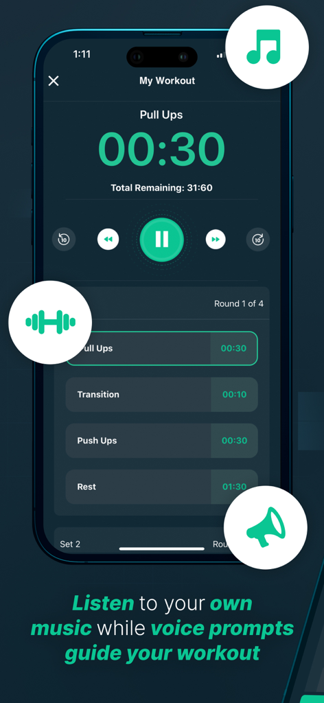 Workout Timer: Intervals & TUT - Interface móvel do Workout Timer mostrando rastreamento de intervalos com ícones de música e instrução por voz