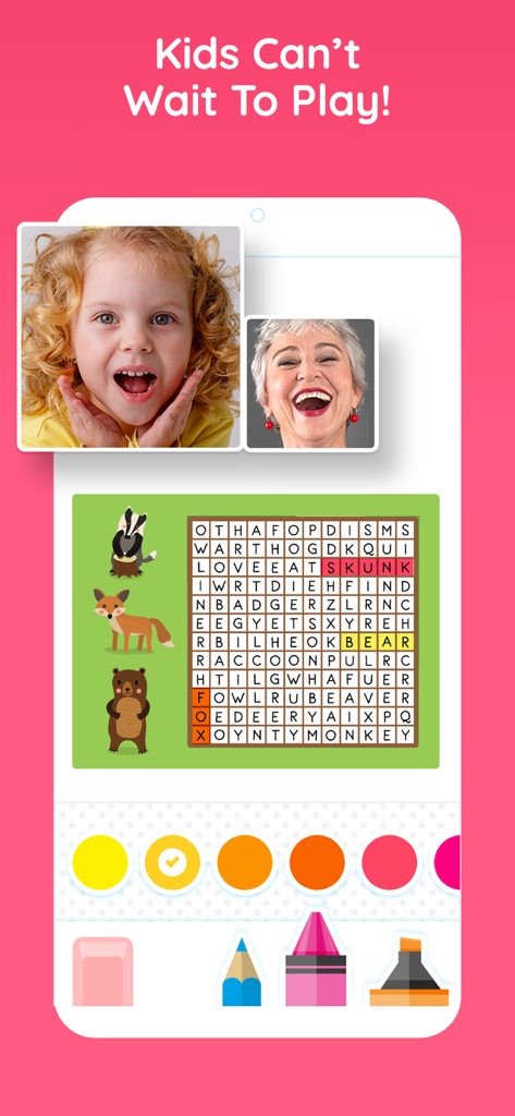 A child and grandmother playing an interactive word search game together during a video call on the Caribu app.