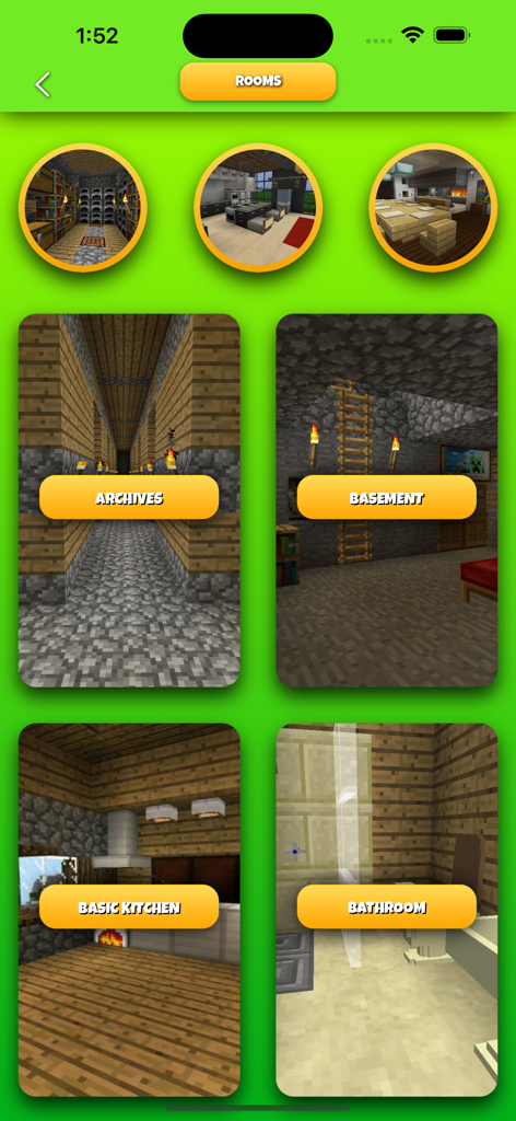 Furniture for Minecraft - Pantalla de selección de habitaciones en la aplicación Mobiliario para Minecraft mostrando categorías como archivo, sótano, cocina y baño