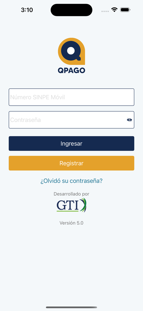 QPago - QPago app login screen with fields for SINPE Movil number and password