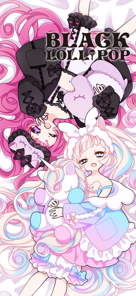 Two cute anime-style characters with long hair and a unicorn plushie in Black Lollipop dress up game