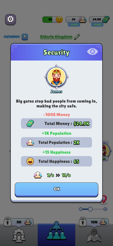 Kingdom Life! - Kingdom Life game screen showing security upgrade effects on population and happiness
