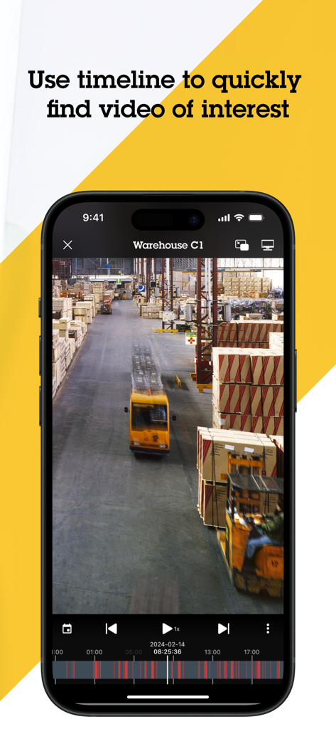 iPhone affichant l'application AXIS Camera Station Pro avec un flux de sécurité d'entrepôt et une visualisation de la chronologie de lecture vidéo