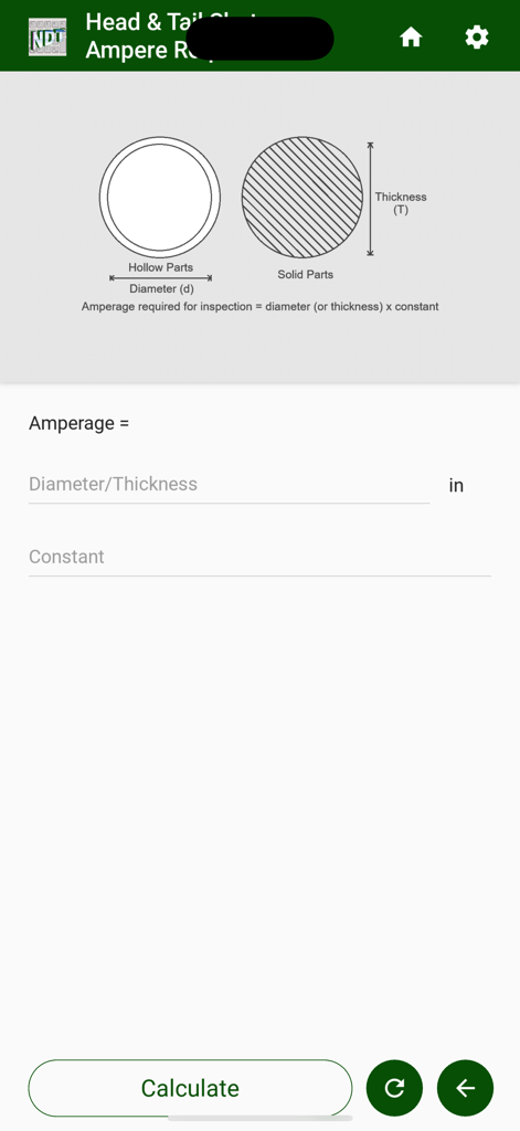 MagCal - NDT - MagCal NDT app screen for calculating amperage requirements for hollow and solid parts