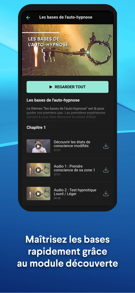 Captura de pantalla de la aplicación Psychonaute que muestra el módulo de conceptos básicos de auto-hipnosis con una lista de lecciones en video y audio.