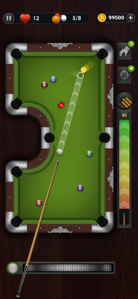 Gameplay of Billiards City showing a shot on a unique green pool table with a trajectory line.