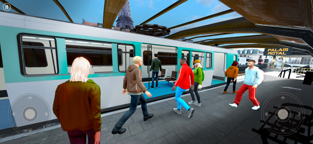 Paris Métro: Subway Ride - Simulation of a Paris Metro station platform with people boarding a train and Eiffel Tower view