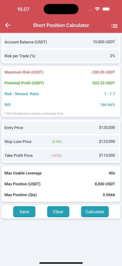Leverage Guard - Screenshot of the Leverage Guard app short position calculator showing risk assessment and leverage recommendations for crypto trading.