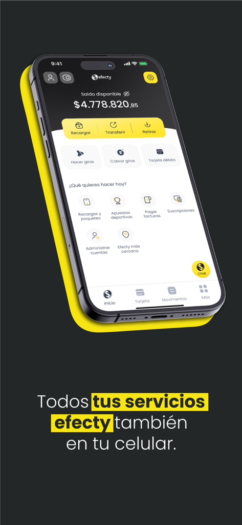 Interfaccia dell'app mobile Efecty che mostra opzioni di servizi finanziari come trasferimenti di denaro e pagamenti di bollette
