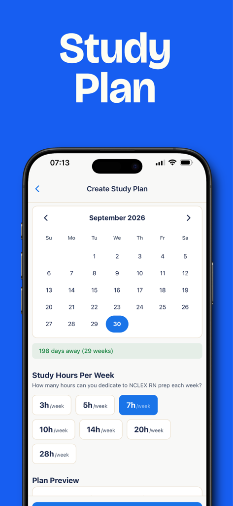 Simple Nursing NCLEX Exam Prep - Schermata di un dispositivo mobile che mostra la configurazione di un piano di studio personalizzato per l'NCLEX, includendo un calendario e opzioni per le ore di studio settimanali.