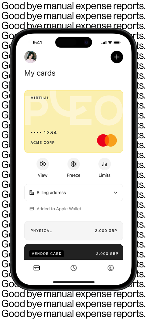 Pleo - Pleo mobile app screen showing a virtual business card and spending controls