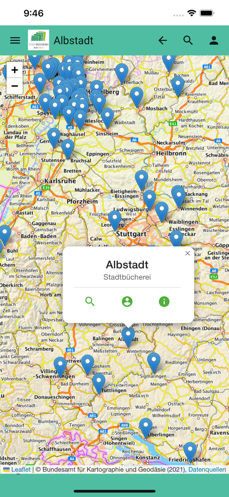 mobilOPAC YourBibアプリ内のドイツの図書館の場所のマップビュー、アルブシュタット市図書館のポップアップを表示