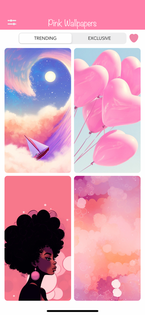 Interface of the Pink Wallpapers app showcasing a gallery of trending aesthetic backgrounds for girls.