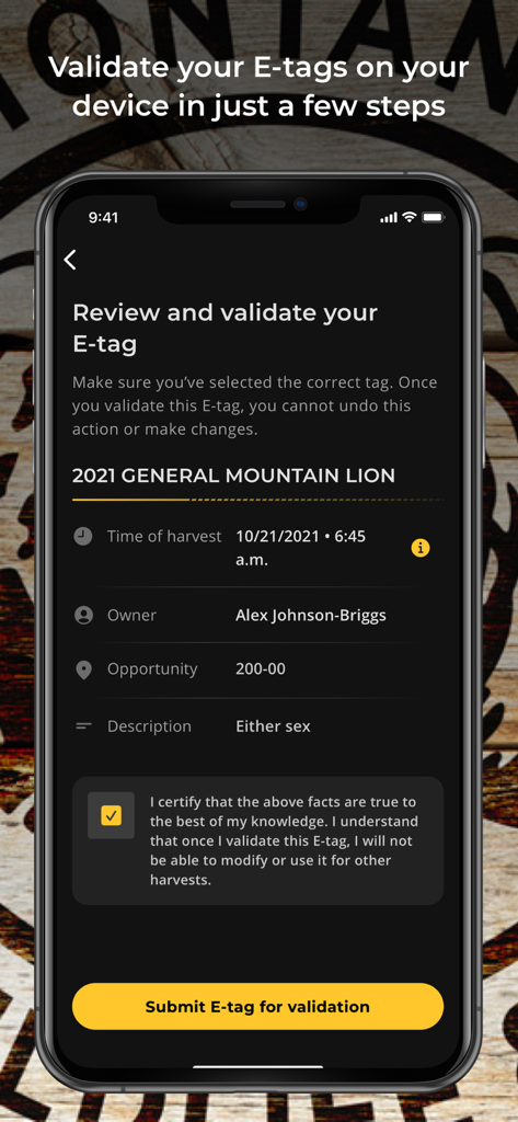 Montana MyFWP - Mobile screen of the Montana MyFWP app showing the process to review and validate a mountain lion hunting E-tag.
