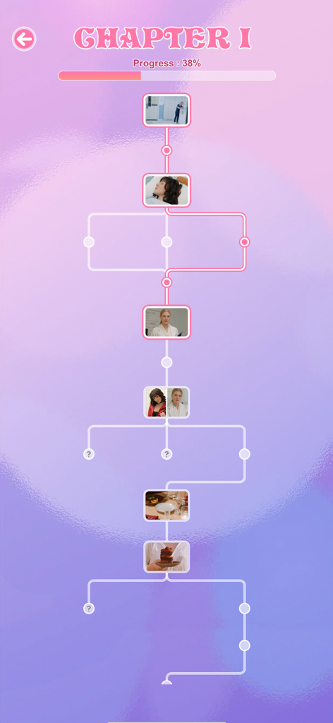 Story progression map of Chapter 1 in the Love Choice interactive game showing branching paths and FMV character scenes