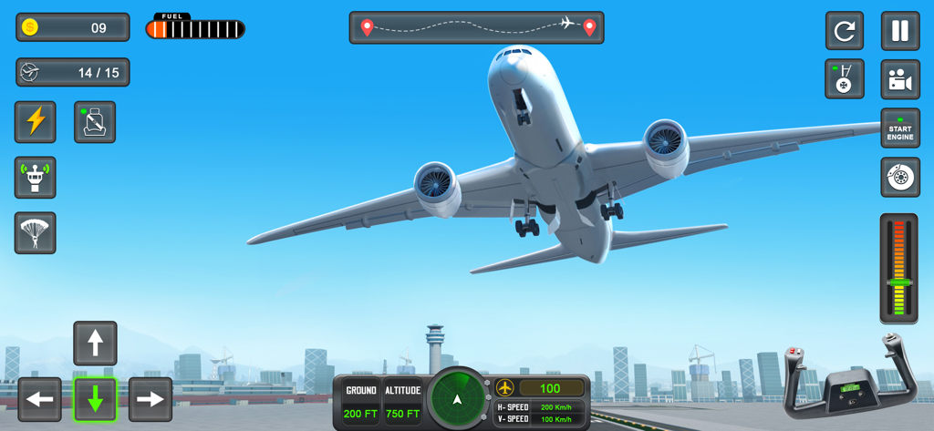 Plane Simulator: Plane Games - A white passenger plane taking off over a city in the Plane Simulator mobile game
