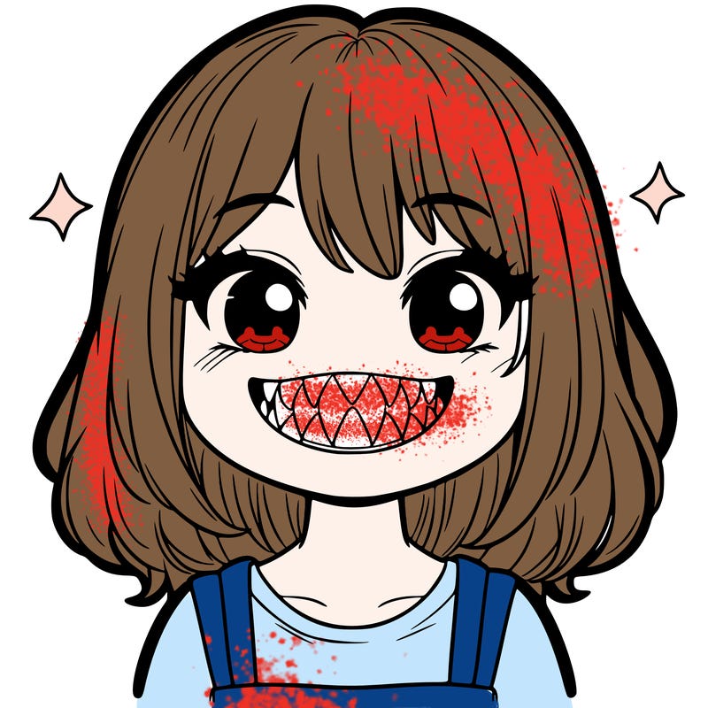 it is a girl smiling with sharp teeth