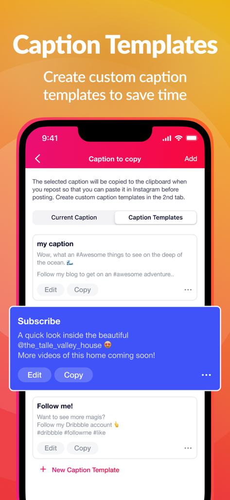 Mobile screen showing custom caption templates for Instagram posts in the Repost Plus app.