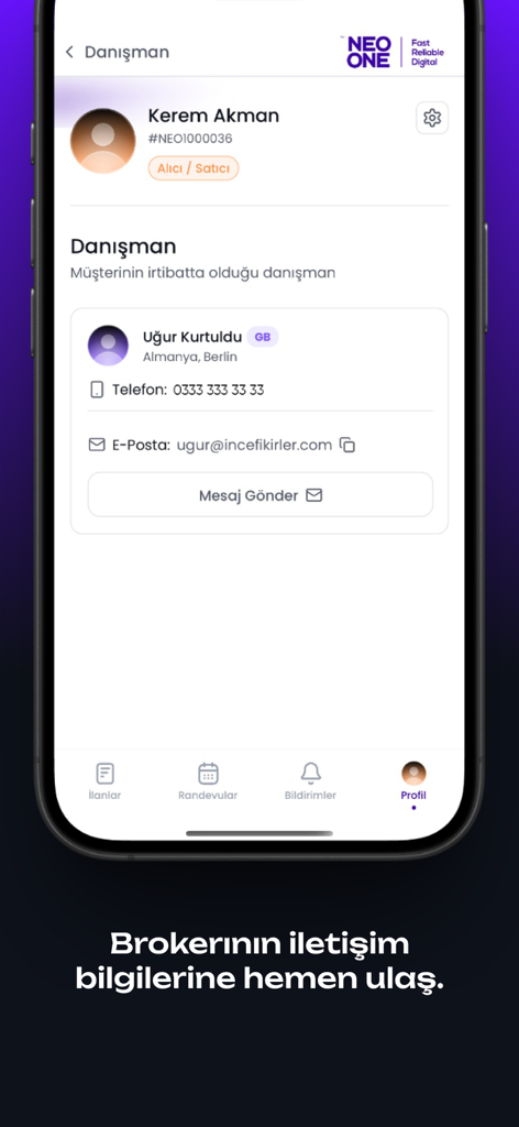 NeoOne - Page de profil d'un courtier immobilier dans l'application NeoOne avec les coordonnées téléphoniques et e-mail