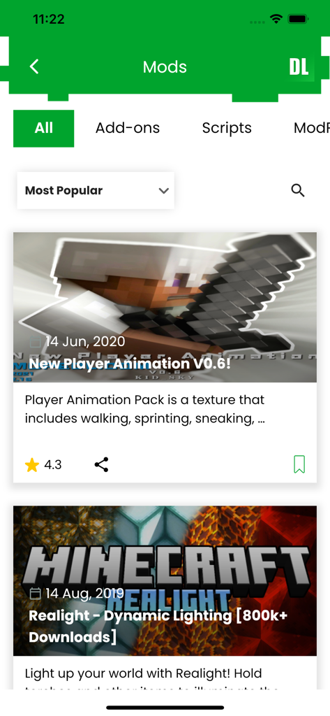 A list of popular Minecraft mods and add-ons in the MCPEDL app interface