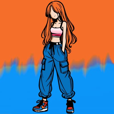 girl in baggy pants crop top and long hair
