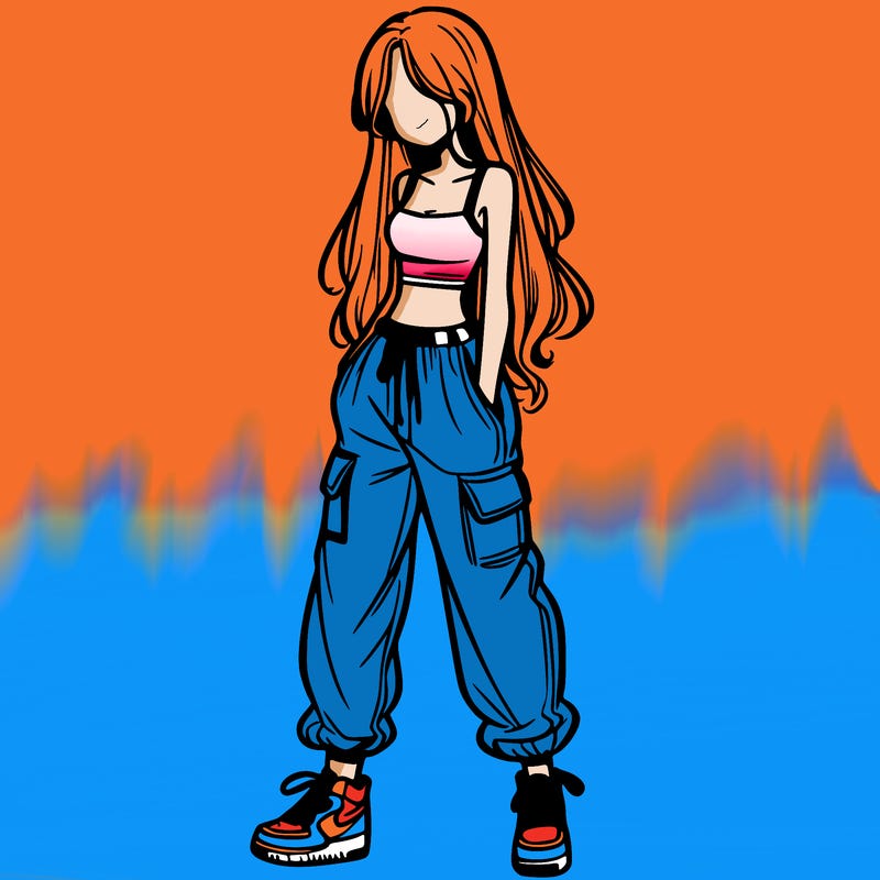 girl in baggy pants crop top and long hair