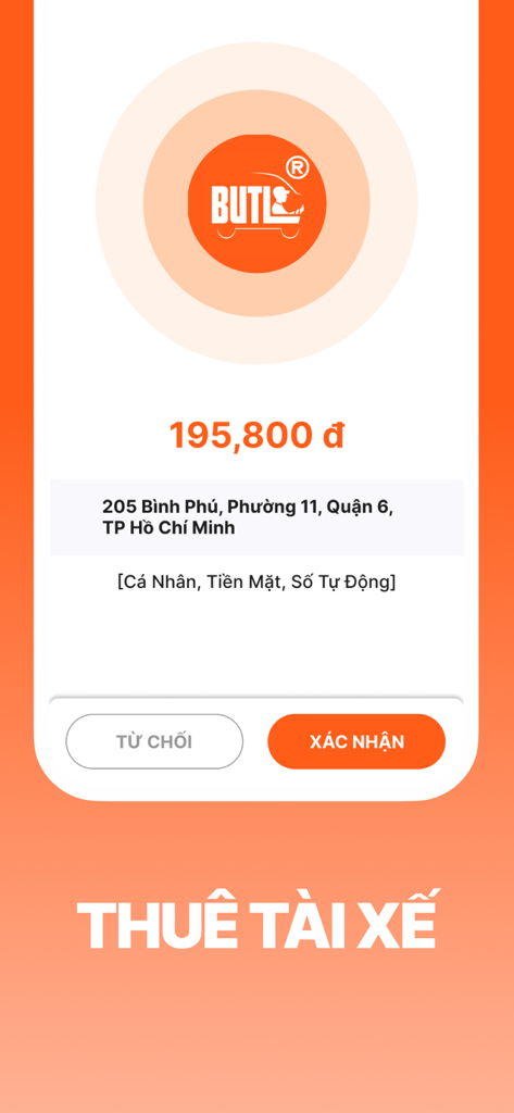 BUTL - Tài Xế - Screenshot of the BUTL driver app showing an incoming ride request with fare and pickup address.