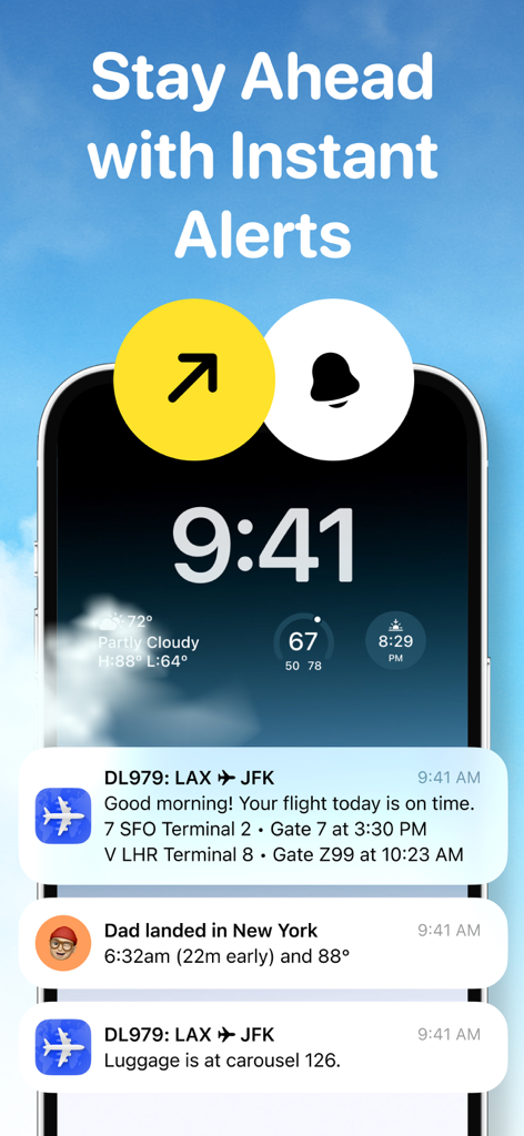 Sky Sync - Live Flight Tracker - Screenshot of Sky Sync app showing real-time flight notifications on a mobile lock screen