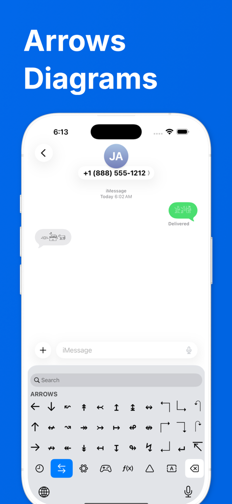 Uniboard mobile app interface showing a custom keyboard with various arrow symbols for iMessage