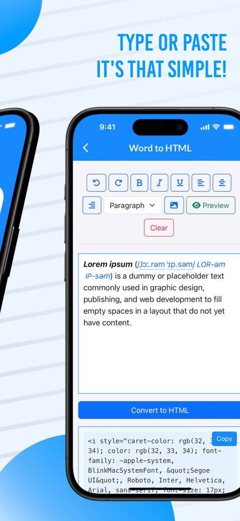 Interface d'application mobile montrant la conversion de texte formaté en code HTML propre