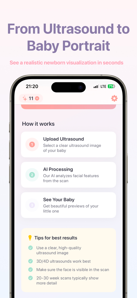 Baby Reveal - Screenshot of the Baby Reveal app showing the three step process from ultrasound upload to AI baby portrait generation.