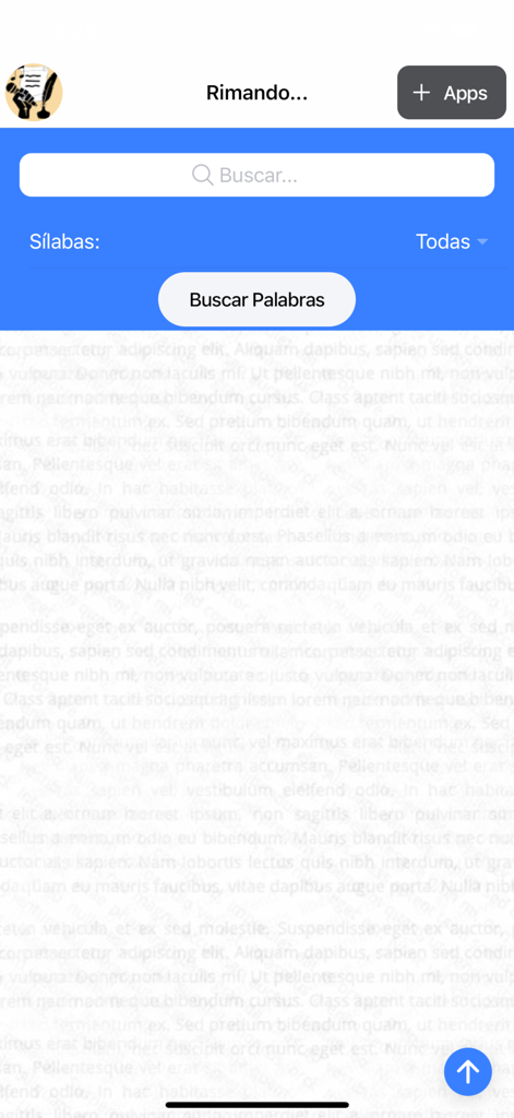 Interfaz de la aplicación Rimando que muestra una barra de búsqueda y un filtro de sílabas para encontrar rimas en español.