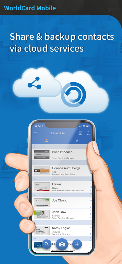 Smartphone displaying business contact list and cloud backup feature icons in WorldCard Mobile app