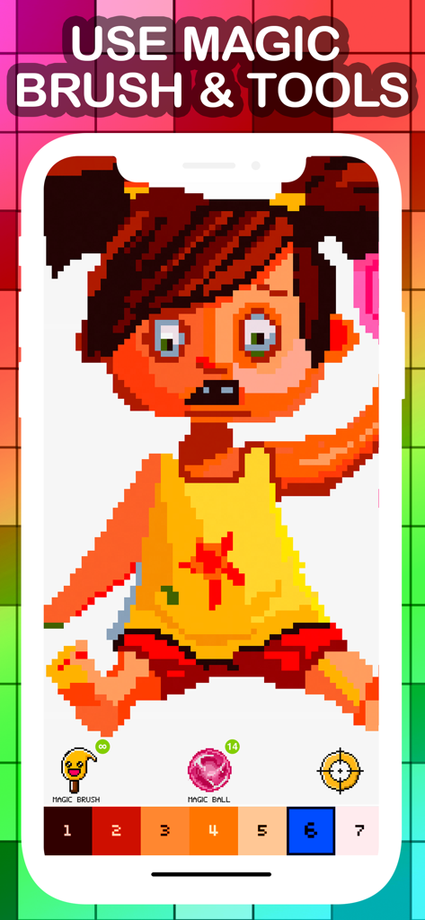 Magico: Fun Pixel Art Coloring - Interface of the Magico app showing magic brush and ball tools used for coloring a pixel art character