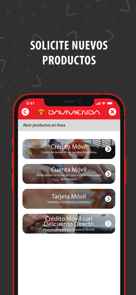 Davivienda Panamá - Davivienda Panama mobile app interface showing options to request credit cards and bank accounts