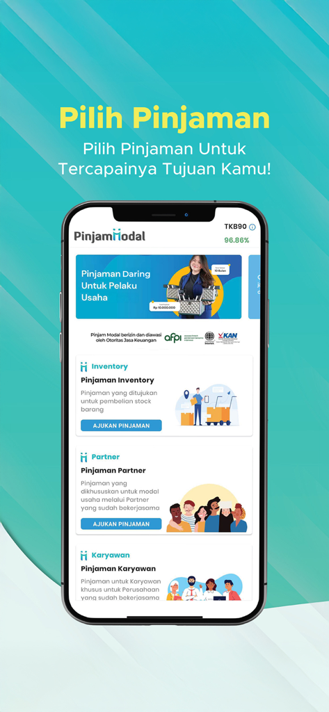 Pinjam Modal - Pinjam Modal mobile app screen showing loan categories for inventory partners and employees