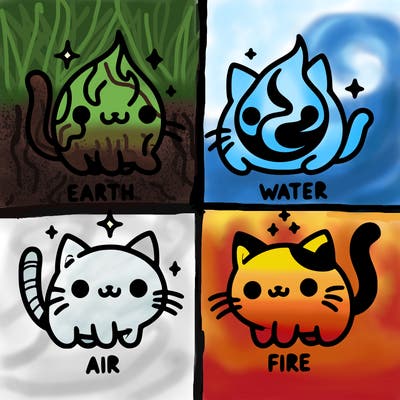 4 cats that represent the different elements, earth, water, air, and fire