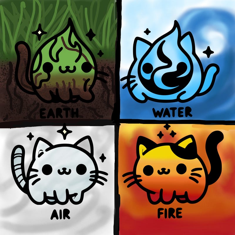 4 cats that represent the different elements, earth, water, air, and fire