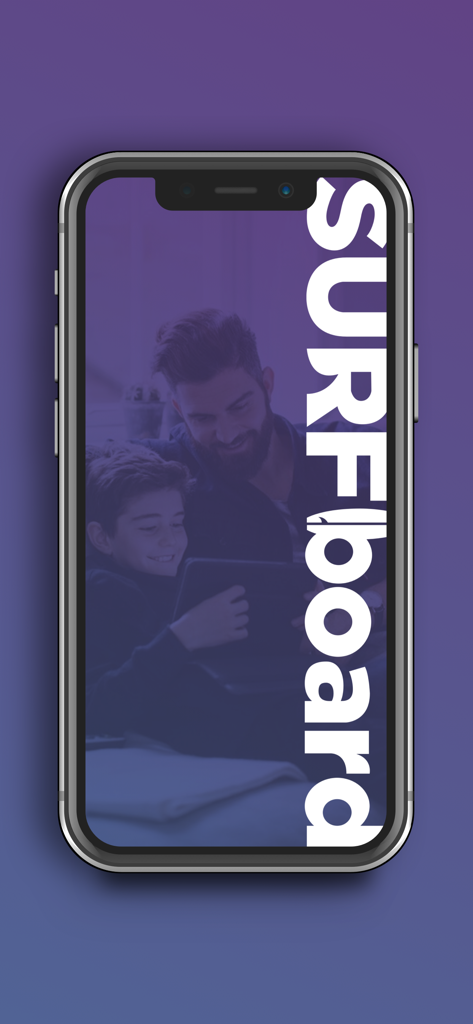 Pantalla de inicio de la aplicación SURFboard Central con un padre e hijo usando una tableta con un logo vertical de SURFboard