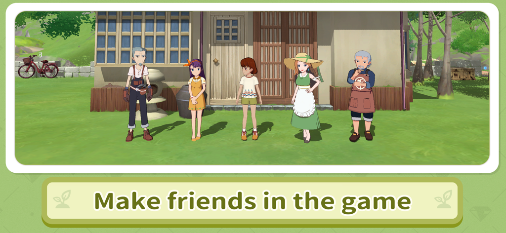 MORIKOMORI LIFE - Cinco personajes estilo anime de pie juntos frente a una casa en el juego MORIKOMORI LIFE