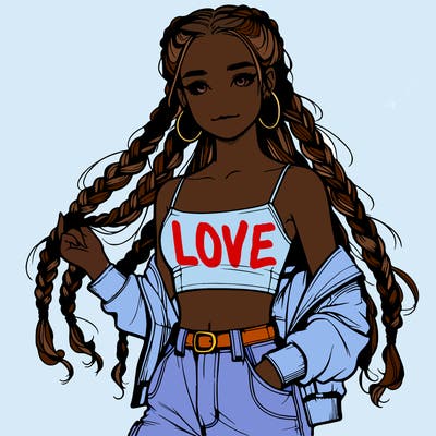 realistic teenage girl in braids with a crop top and cargo jeans